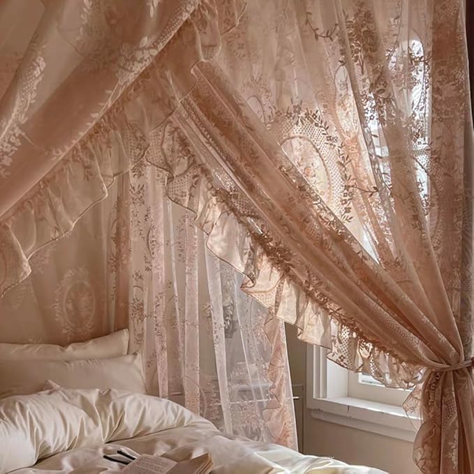 Elegant Lace Princess 4 Corner Post Mosquito Net Romantic for Girls Women Bed Curtain Canopy for Adult Wedding Bedroom Kids Rooms Decoration (Color-B, California King)