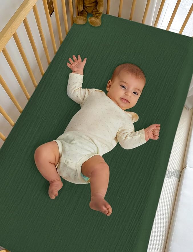 Dark Green Baby Crib Sheets, Soft Muslin Baby Crib Sheets for Standard Crib Mattress, 28" x 52" Neutral Cotton Toddler Bed Sheet (46C-13)