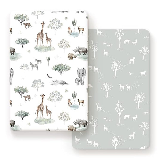 Stretch Ultra Soft Jersey Knit Fitted Pack n Play Sheets Set 2 Pack, Portable/Mini Crib Sheets for Boys and Girls, Pretty African Savannah Animals Pattern