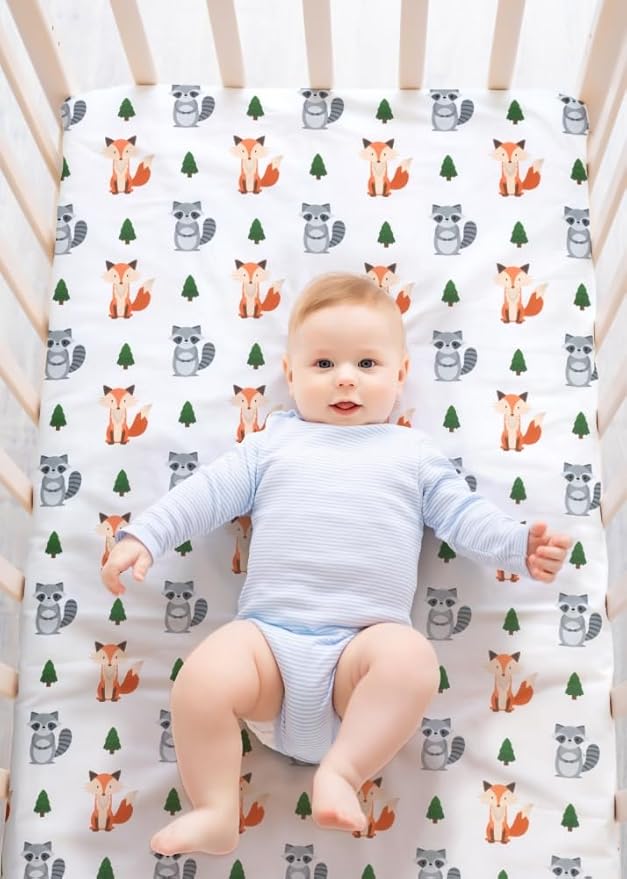 4 Pack Woodland Forest Animals Wood Neutral Unisex Fitted Baby Crib Sheets Set for Baby Boys or Girls Fox