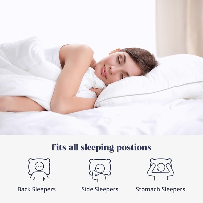 puredown® Goose Feather Bed Pillow with 100% Cotton Cover, 1 Pack, Queen Size Hotel Collection Pillow for Sleeping with Silver Piping