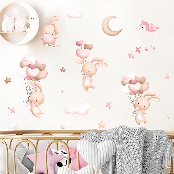 Bunny Air Balloon Animals Wall Decals The Moon and Stars Nursery Wall Stickers Baby Girls Room Wall Decor