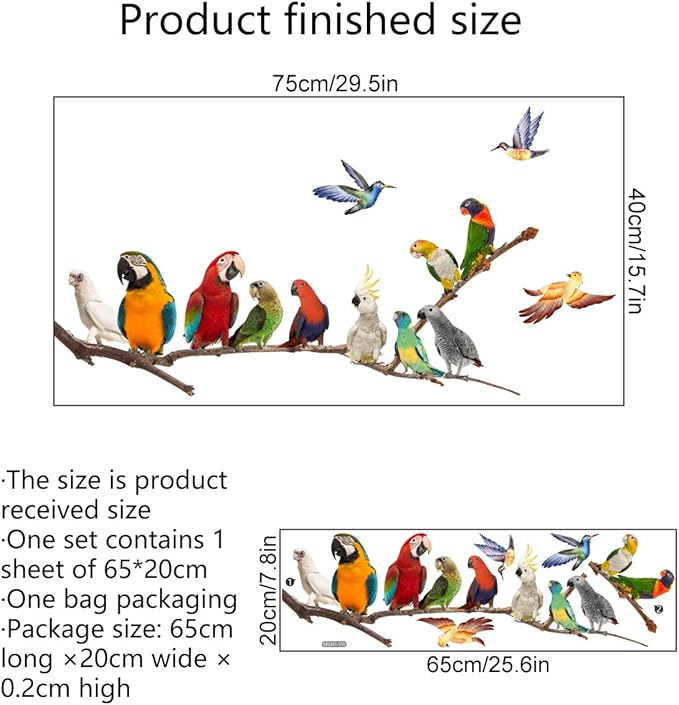 Parrot Wall Decals, Watercolor Bird On Wire Wall Decals, Removable Creative Bird Wall Stickers Birds on The Tree Branch Flower Decals Garden Living Room Bedroom TV Wall Decorations