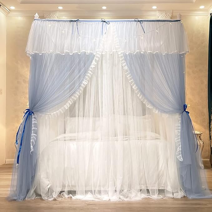 Mengersi Canopy Bed Curtains with Lights,4 Corner Bed Canopy Royal Luxurious Bed Drapes Netting,Princess Bed Curtains for Girls Adults Bedroom Decoration (Gray Blue, California King)