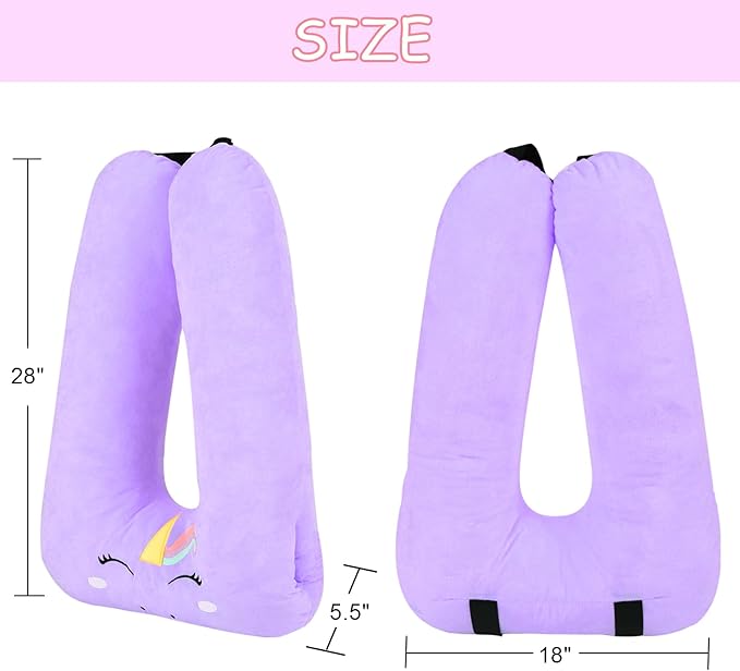 Kids Travel Pillow for Car Seat with Hand Muff, Cartoon Neck & Headrest Seat Belt Pillow for Car Road Trips Long-Distance Travel Sleeping Pillow for Adults and Children, Purple Unicorn