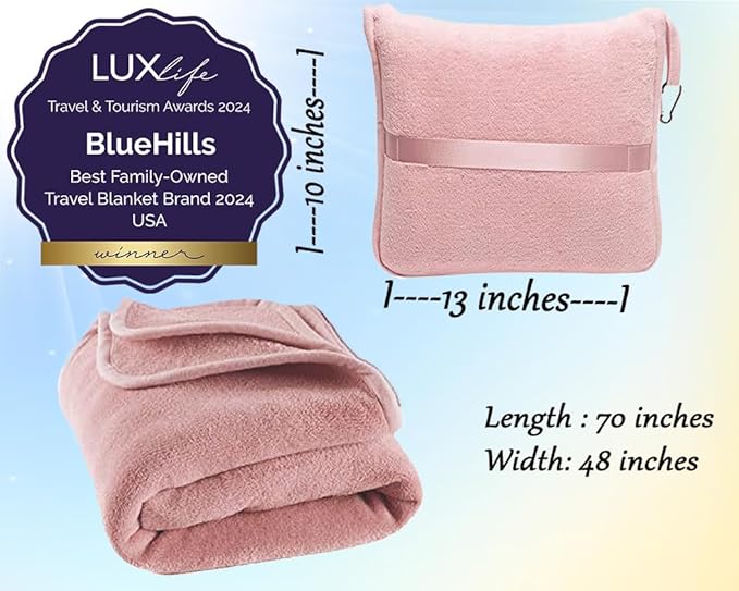 BlueHills Premium Soft Long Travel Blanket Pillow for Tall Airplane Flight Blanket 70 X48 inch Throw in Soft Bag case with Hand Luggage Belt & Backpack Clip Compact Pack Large Blanket Pink T055