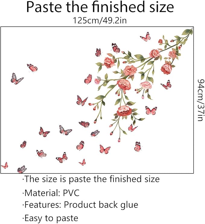 Pink Flowers Wall Decals Removable Butterflies Floral Flowerl Wall Stickers DIY Vinyl Self Adhesive Wall Mural for Nursery TV Background Kids Gilrs Rooms Bedroom Decoration
