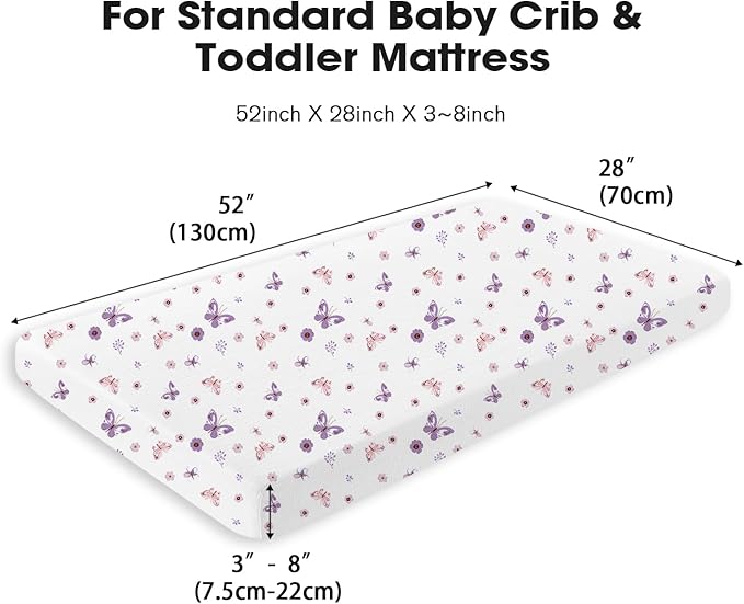 Muslin Crib Sheets, 2pk Neutral Fitted Baby Toddler Bed Sheets for Standard Crib Mattress & Toddler Bed Mattress, 28 x 52 inches, Purple Butterfly