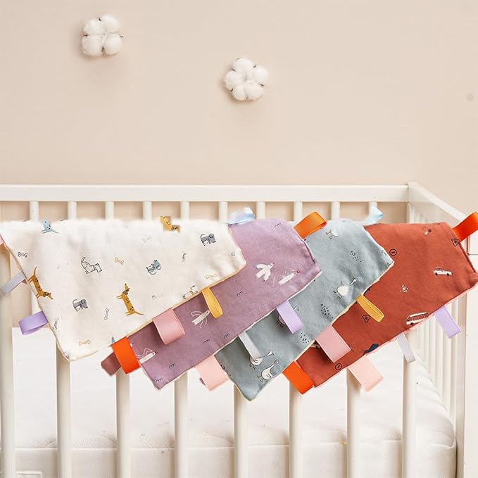 Baby Tags Security Blanket, Sensory Soothing Blanket with Tags,Dotted Backing Taggies Blanket for 3-12 Months Boys and Girls. (Swan)