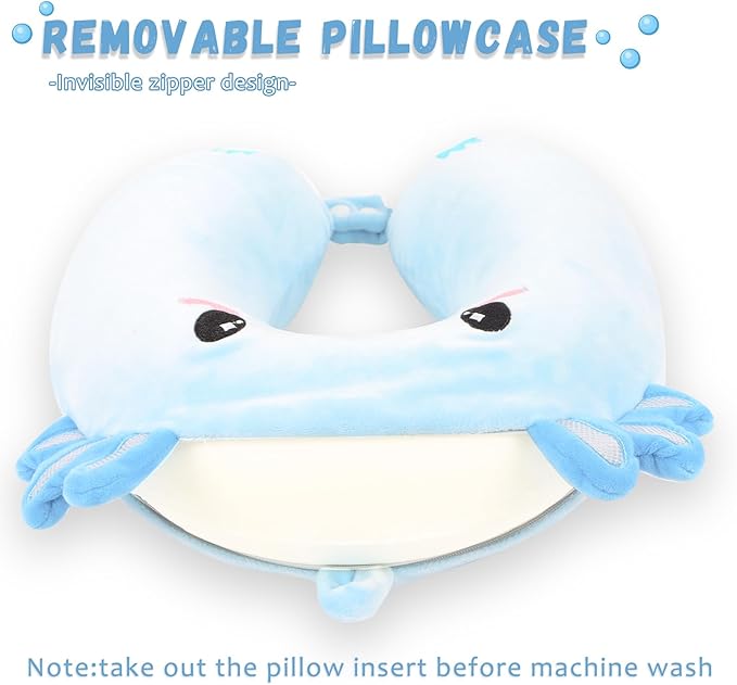 Travel Pillow, Kids Travel Pillow with Sleep Eye Mask Soft Memory Foam Kids Neck Pillow for Boys & Girls, Travel Accessories for Car Airplane Traveling - Blue Axolotl