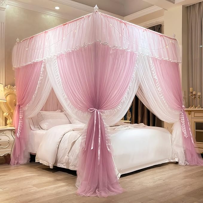 Mengersi Canopy Bed Curtains with Lights,4 Corner Bed Canopy Royal Luxurious Bed Drapes Netting,Princess Bed Curtains for Girls Adults Bedroom Decoration (Pink, Full)