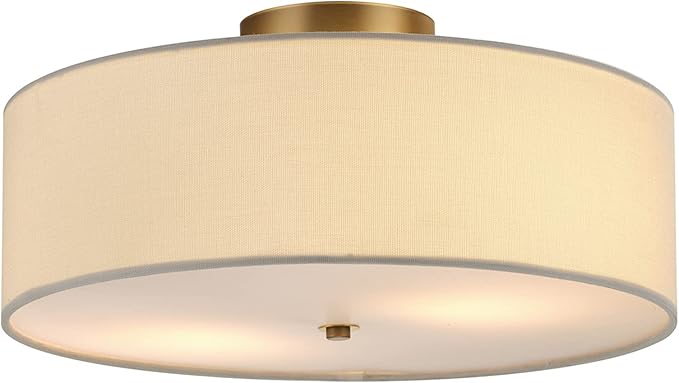 Globe Electric 60998 2-Light Flush Mount Ceiling Light, Matte Brass, White Linen Shade, Kitchen, Lights, Bathroom, Home Essentials, Bedroom, Closet Light, Lighting Fixtures, Dining Room