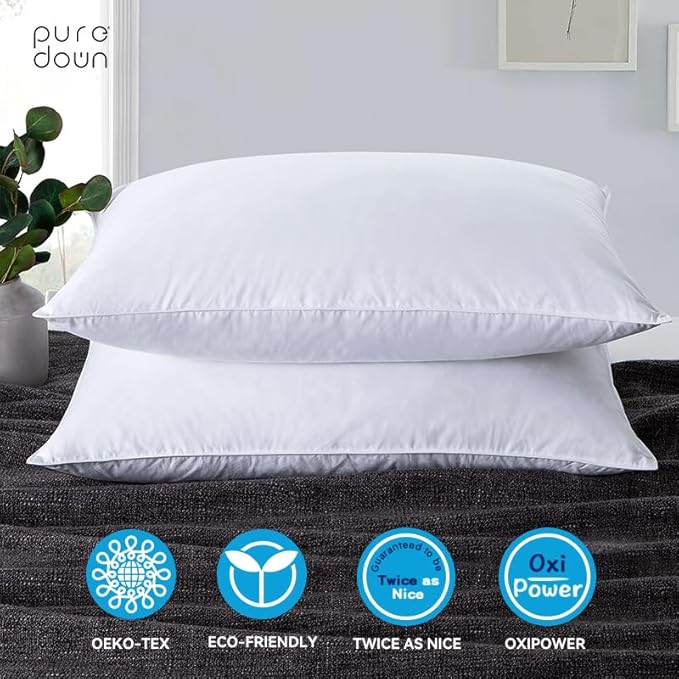 Puredown® Feathers Blend Soft and Flat Pillow with 100% Cotton Cover, Standard Size, Set of 2