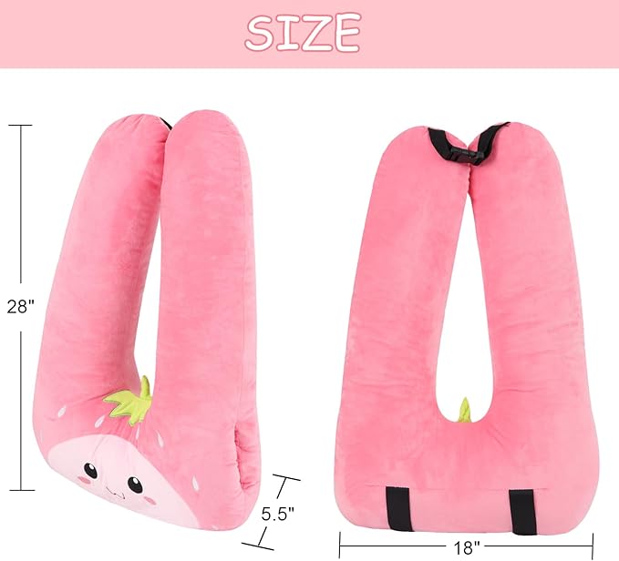 Kids Travel Pillow for Car Seat with Hand Muff, Cartoon Neck & Headrest Seat Belt Pillow for Car Road Trips Long-Distance Travel Sleeping Pillow for Adults and Children, Strawberry