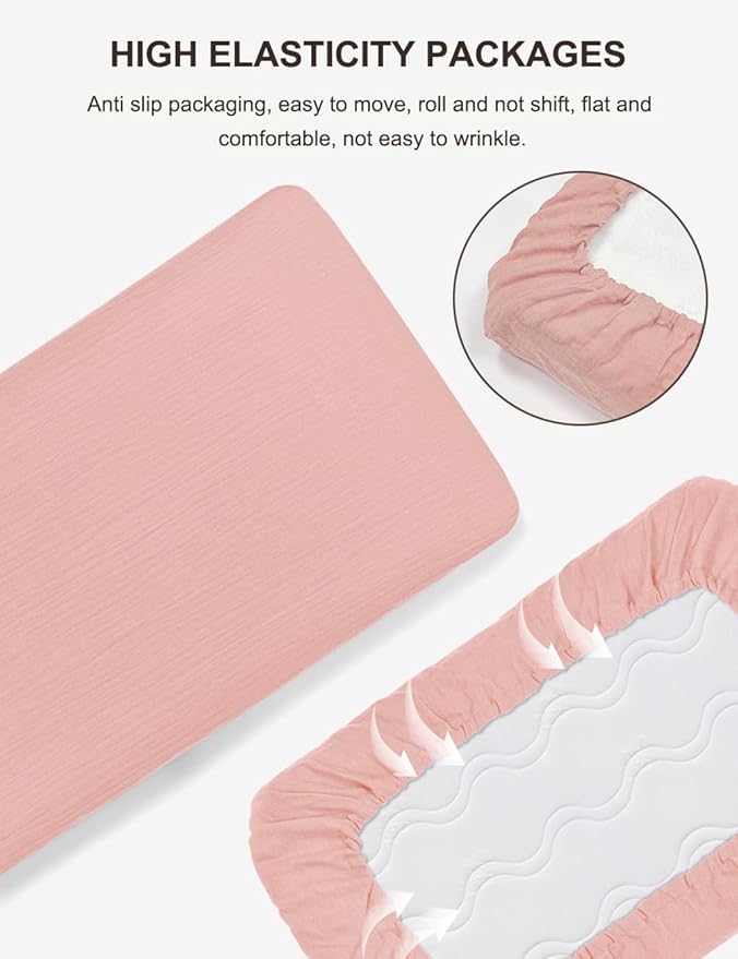 Pink Muslin Bassinet Mattress Sheets for Baby Girls, 32"x16" Bassinet Sheet Fits Rectangle, Oval, Hourglass Bassinet Mattress, Moses Basket Sheets (46B-01)