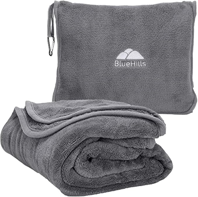 BlueHills Premium Soft Long Travel Blanket Pillow for Tall Airplane Flight Blanket Throw in Soft Bag case with Hand Luggage Belt & Backpack Clip Compact Pack Large Blanket Grey Gray T052