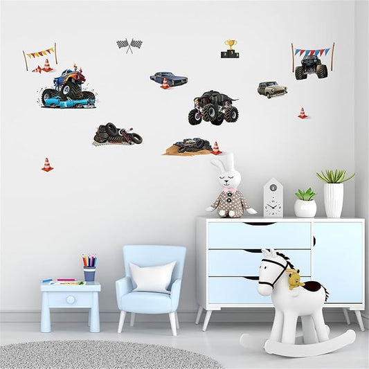 Racing Car Wall Stickers Monster Truck Vehicles Peel and Stick Wall Art Decals for Boys Room Kids Bedroom Playroom (Style2)