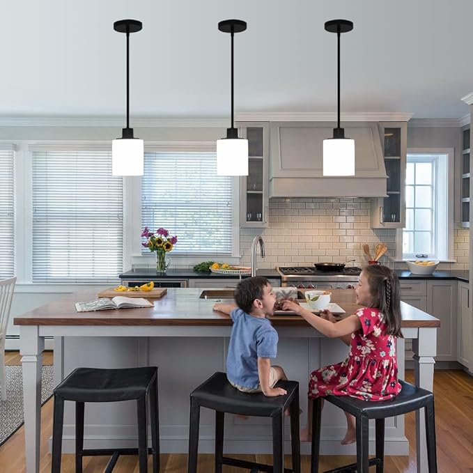 Black Pendant Lights Kitchen Island - Milk Glass Pendant Light Fixture Multiple Stems Rods 3 Units 12 Inch 3 Units 4 Inch (2 Pack Black Downrod)