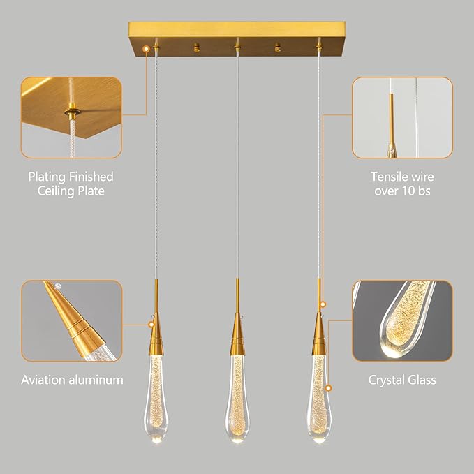 LMQNINE 3 Light Gold Pendant Light Ceiling Dimmable LED Modern Kitchen Light Fixtures Mini Teardrop Crystal Pendant Light for Kitchen Island Bedroom Hallway Entryway