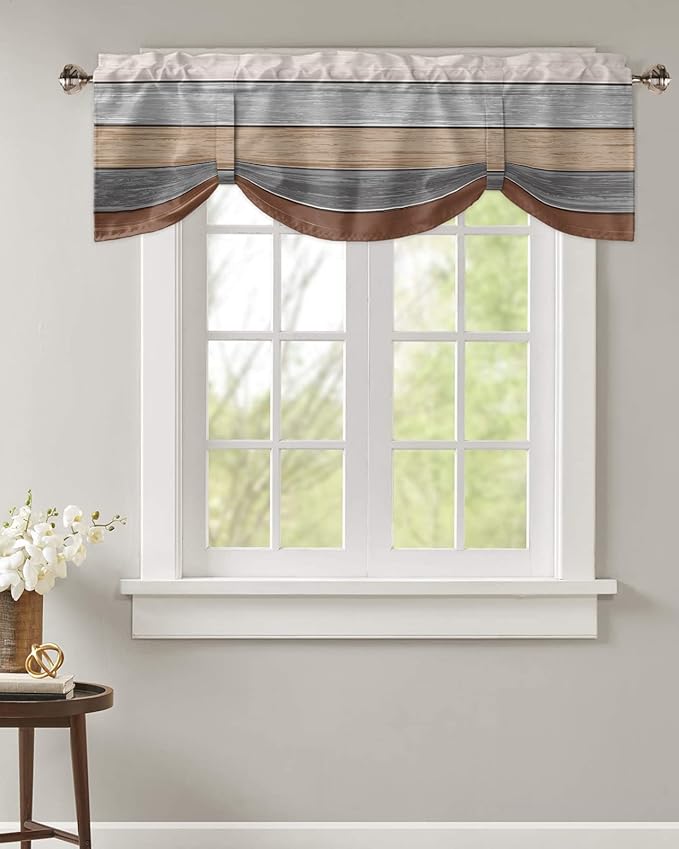 Farmhouse Fall Blackout Tie Up Valance Curtains for Kitchen Windows, Brown Grey Window Toppers Balloon Shades for Living Room/Bathroom/Bedroom,1 Panel,42" X 12" Retro Rustic Barn Wood Texture