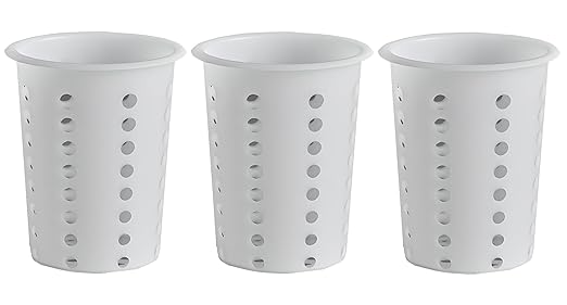 OCS Parts Perforated Utensil Drying Cups | White | Set of 3 | Plastic Flatware Holder Cylinders for Kitchen Counter Organization