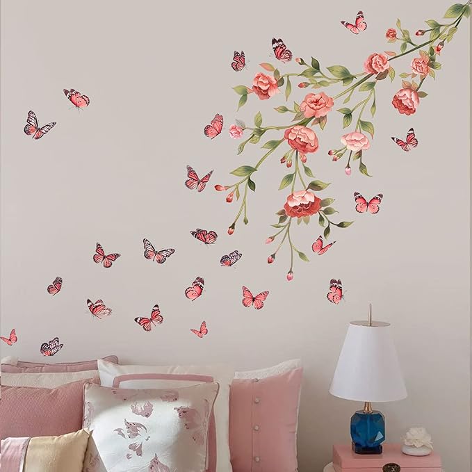 Pink Flowers Wall Decals Removable Butterflies Floral Flowerl Wall Stickers DIY Vinyl Self Adhesive Wall Mural for Nursery TV Background Kids Gilrs Rooms Bedroom Decoration