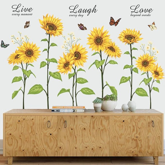 Runtoo Sunflower Butterfly Wall Art Stickers Flower Live Laugh Love Quotes Wall Decals Kids Bedroom Living Room Nursery Wall Decor