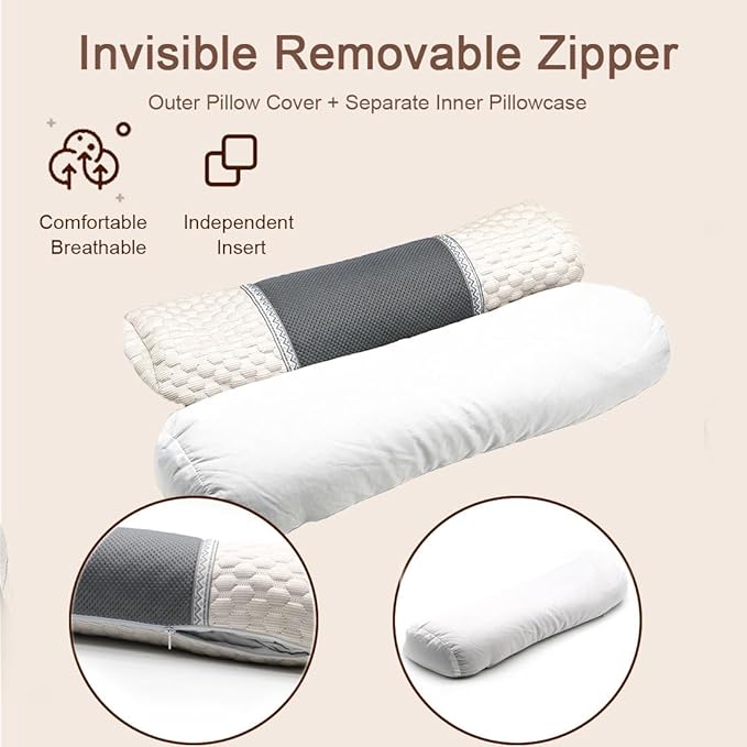 Buckwheat Pillow for Sleeping, Bolster Neck Support Pillow, Adjustable Firm Cervical Cylinder Roll Pillow for Shoulder Pain Relaxation, Khaki 5"x20"