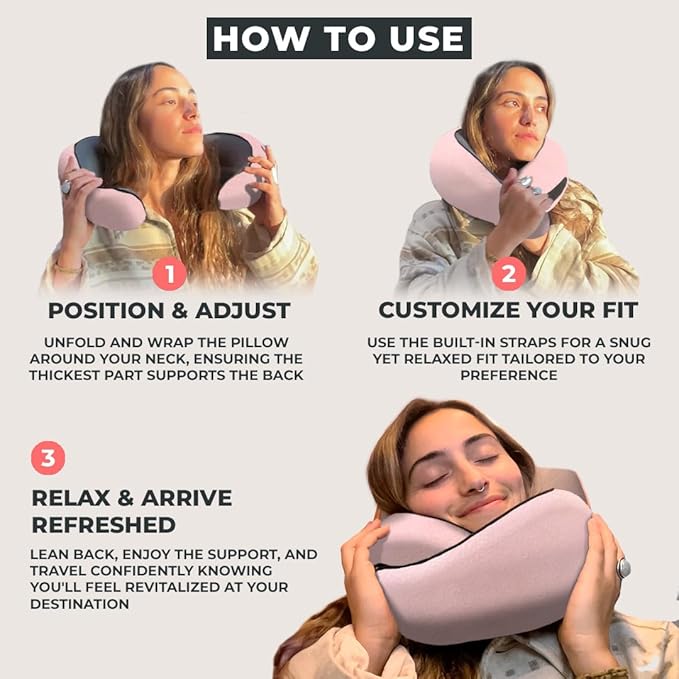 FlyHugz™ Neck Travel Pillow | Memory Foam Neck Pillow for Comfort on Airplane | Compact and Ergonomic Design for Travel, Car Rides, and Home Use | Ideal for Adults and Kids (Pink)
