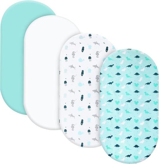 Baby Bassinet Fitted Sheets 4 Pack Compatible with 4moms MamaRoo Sleep, Regalo Baby Basics Bassinet and Chicco Close to You 3-in-1 Bedside, Ultra Soft and Skin-Friendly, Aqua Dinosaurs & White Ocean