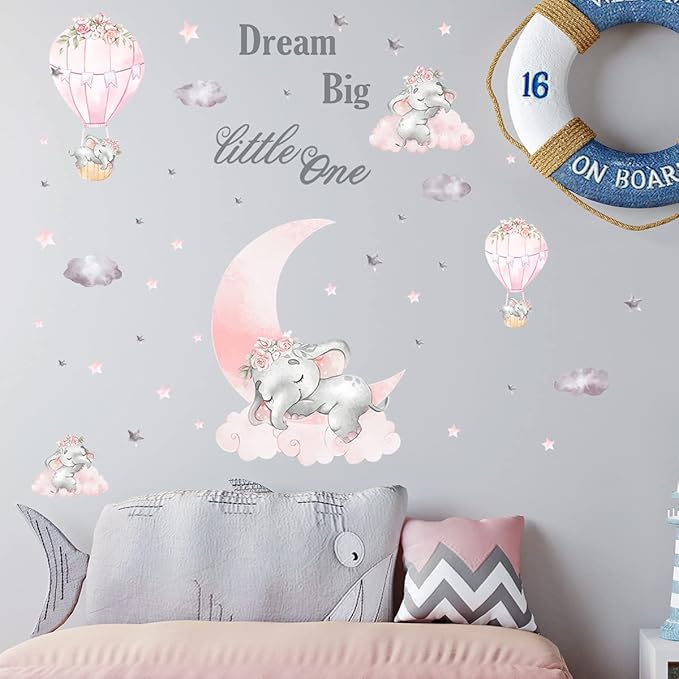 Dream Big Little One Elephant Wall Stickers - Pink & Gray Design, 110cm x 43.3in