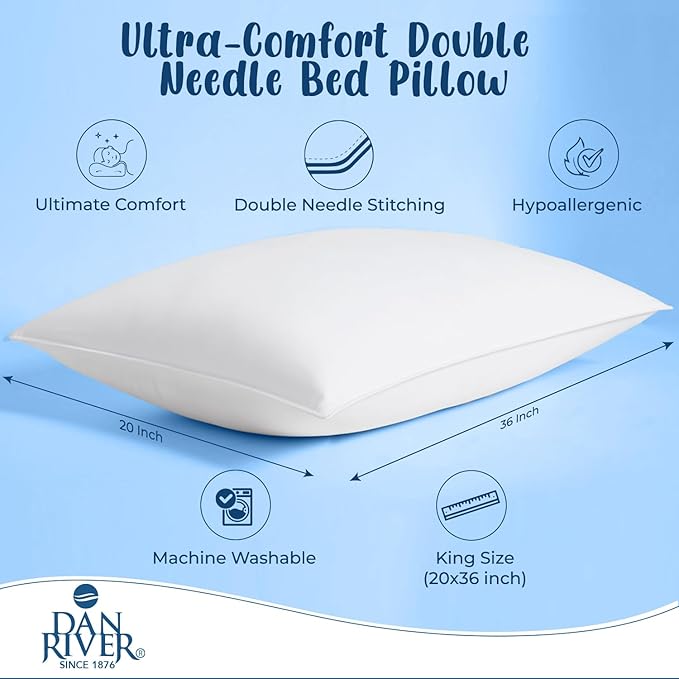 DAN RIVER Double Needle Pillows King (20x36), Set of 2 | White Hotel Pillows | Cooling Pillow for Side Sleepers | Back Sleeper Pillows | Best Pillows for Sleeping | Dorm Room Essentials