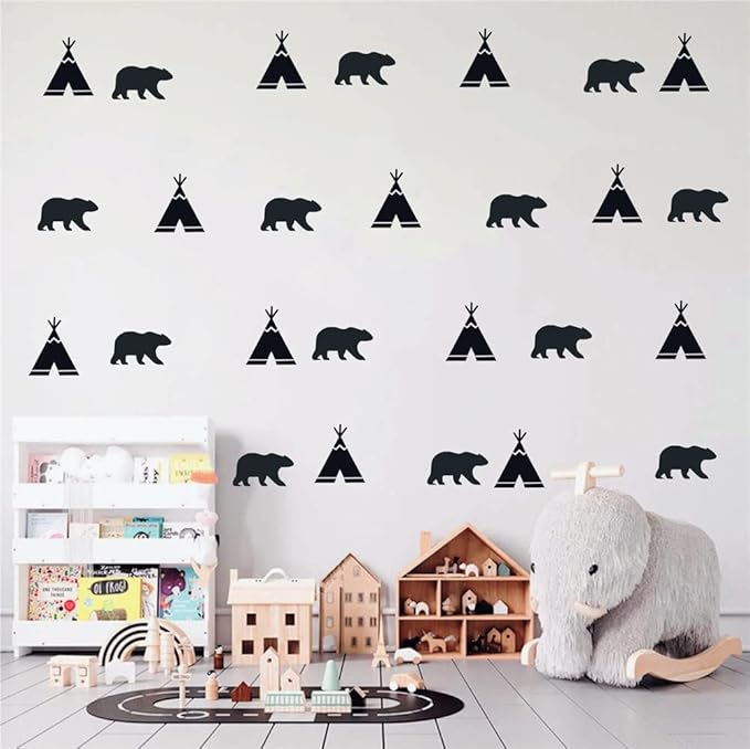 DIY 52 Pieces/Pack Tribal Tent and Bear Wall Decor Sticker for Kids Room Nursery Bedroom Baby Decoration Vinyl Wall Decal Mural AFN109 (Black)