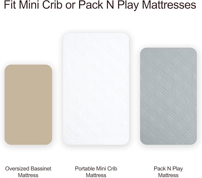Waterproof Mini Crib Mattress Protector 2 Pack, Ultra Soft Breathable Mini Crib Mattress Pad Cover for Boys Girls Neutral, Fit Pack N Play, Playard and Mini Crib Mattresses, White & Grey