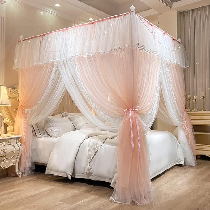 Mengersi Canopy Bed Curtains with Lights,4 Corner Bed Canopy Royal Luxurious Bed Drapes Netting,Princess Bed Curtains for Girls Adults Bedroom Decoration (Peach, Full)