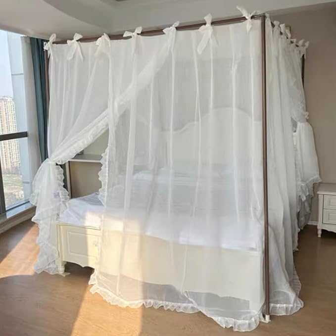 Elegant Princess 4 Corner Post Mosquito Net Romantic for Girls Women Bed Curtain Canopy for Adult Wedding Bedroom Kids Rooms Decoration (Type4-White, King)