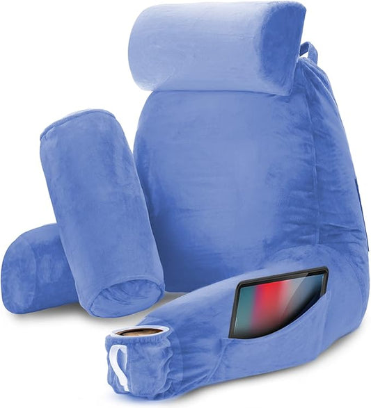 Nestl Reading Pillow Large Bed Pillow, Back Pillow for Sitting in Bed Shredded Memory Foam Chair Pillow, Reading & Bed Rest Pillows Calm Blue Back Pillow for Bed, Bed Chair Arm Pillow with Pockets