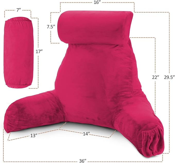 Nestl Reading Pillow Large Bed Pillow, Back Pillow for Sitting in Bed Shredded Memory Foam Chair Pillow, Reading & Bed Rest Pillows Hot Pink Back Pillow for Bed, Bed Chair Arm Pillow with Pockets