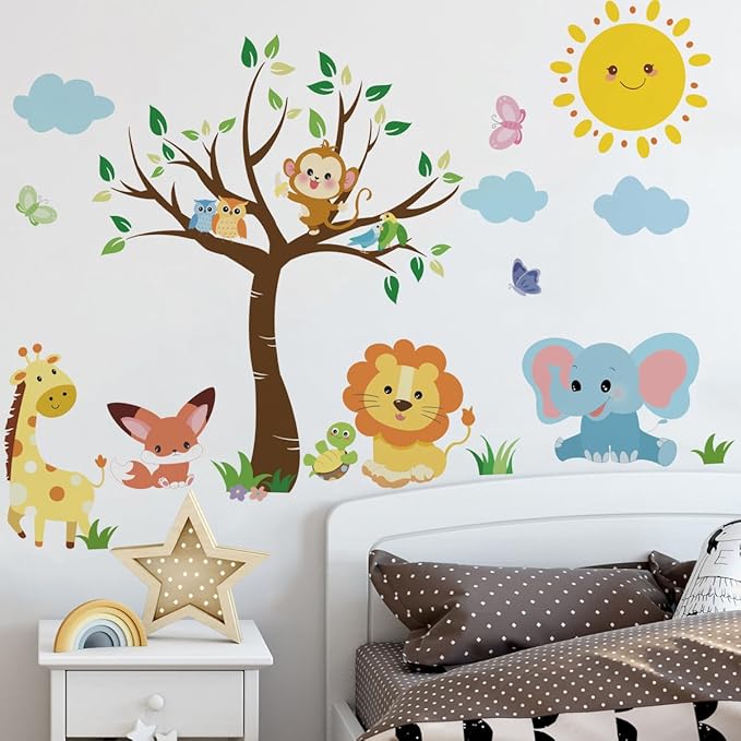Runtoo Baby Animals Wall Decals Elephant Lion Monkey Jungle Tree Wall Stickers for Kids Room Nursery Classroom Wall Decor