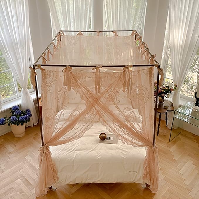 Elegant Lace Princess 4 Corner Post Mosquito Net Romantic for Girls Women Bed Curtain Canopy for Adult Wedding Bedroom Kids Rooms Decoration (Color-B, Queen)