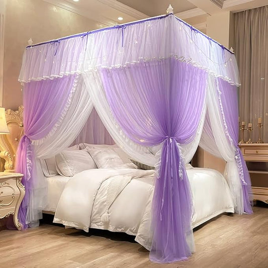 Mengersi Canopy Bed Curtains with Lights,4 Corner Bed Canopy Royal Luxurious Bed Drapes Netting,Princess Bed Curtains for Girls Adults Bedroom Decoration (Purple, Twin)