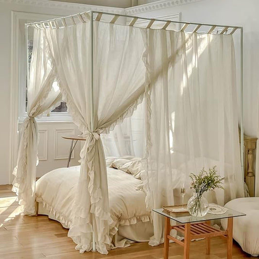 Mengersi Linen Canopy Bed Curtains,Bed Canopy Curtains Bed Drapes Sheer Curtains for Bedroom Decor (Ivory, King)
