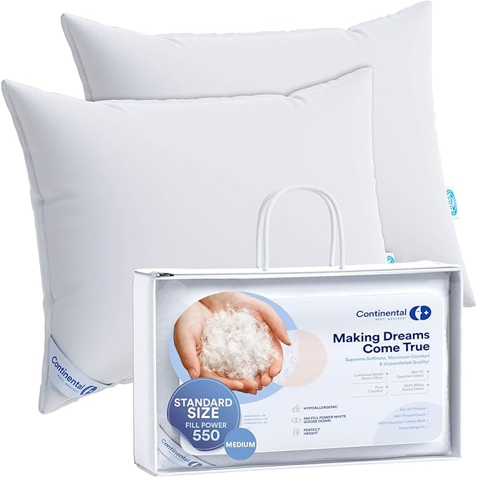 Continental Bedding P550medS2 Sleeping Bed Pillow, Standard (Pack of 2), White 2 Count