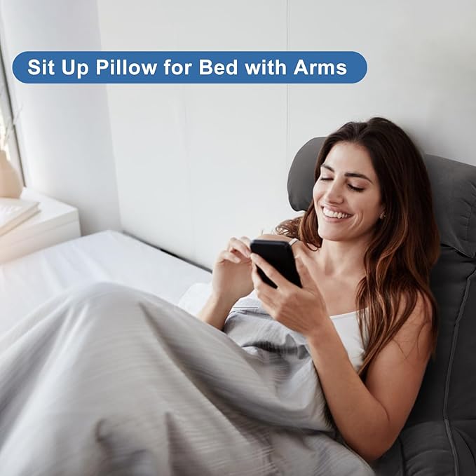 Reading Pillow for Bed Adult Size, Back Pillow for Sitting in Bed, Shredded Memory Foam Bed Chair Pillow with Arms, Pockets, Washable Cover (Light Grey, Large)