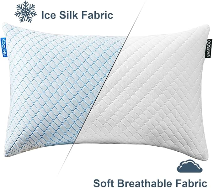 Uniqwamer Cooling Bed Pillows for Sleeping 2 Pack Shredded Memory Foam Adjustable Pillows Queen Size Set of 2 for Side Back Sleepers - Luxury Extra Comfy Gel Pillows with Washable Removable Cover