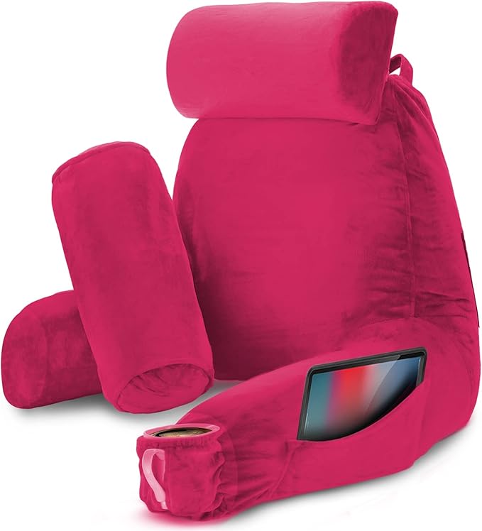 Nestl Reading Pillow Large Bed Pillow, Back Pillow for Sitting in Bed Shredded Memory Foam Chair Pillow, Reading & Bed Rest Pillows Hot Pink Back Pillow for Bed, Bed Chair Arm Pillow with Pockets