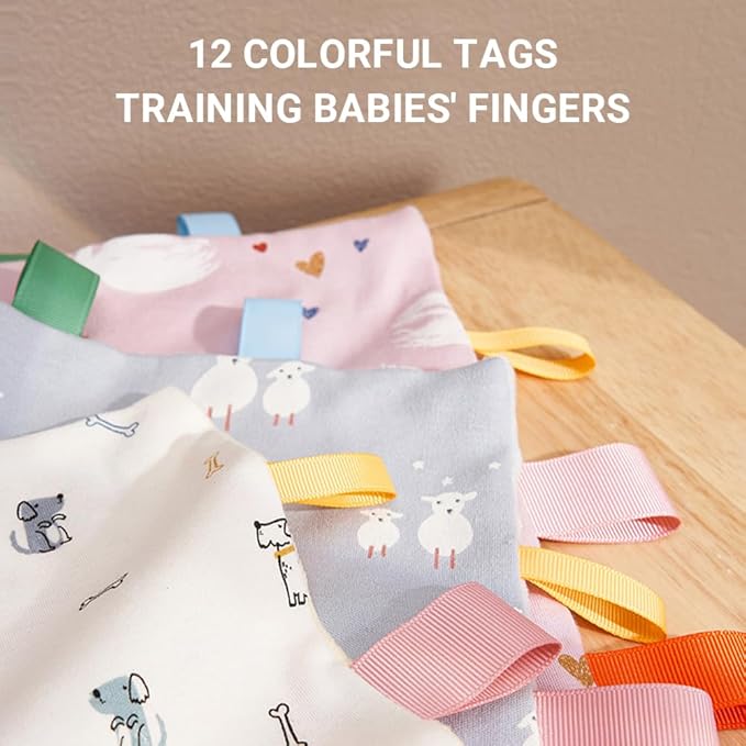 Baby Tags Security Blanket, Sensory Soothing Blanket with Tags,Dotted Backing Taggies Blanket for 3-12 Months Boys and Girls. (Swan)