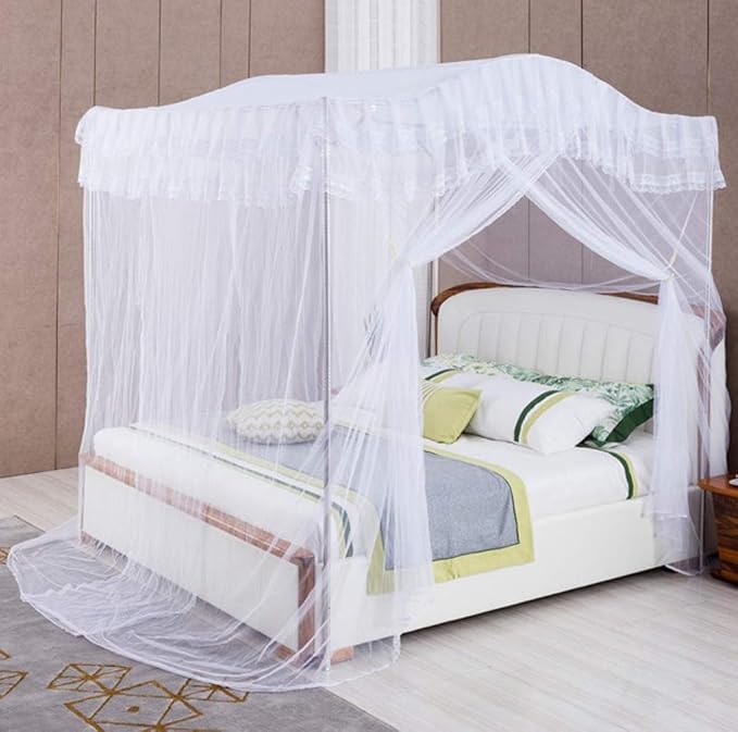 Mengersi Arched 4 Corners Post Bed Curtain Canopy Mosquito Net Square Princess Fly Screen, Indoor Outdoor (Full, White)