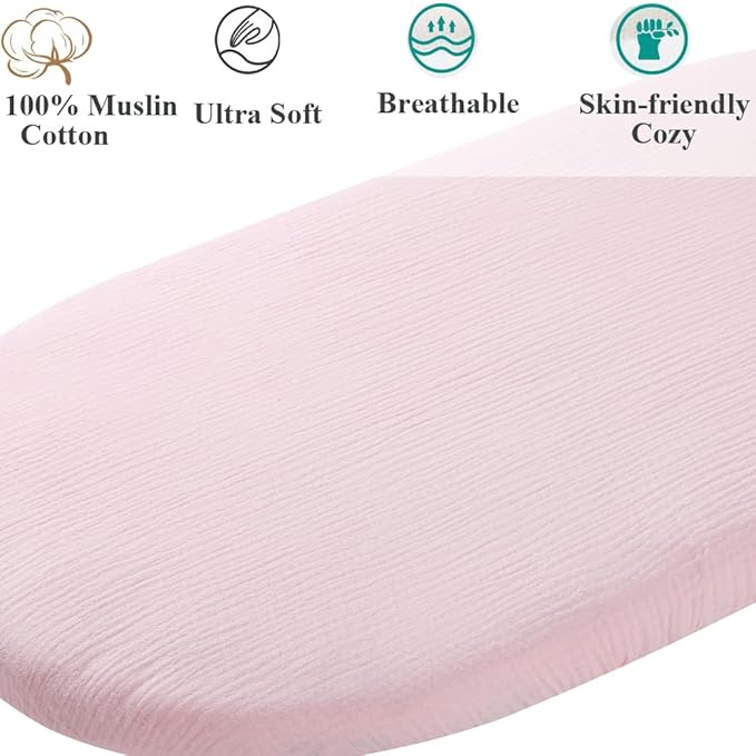 Muslin Bassinet Sheet Compatible with Graco Pack n-Play Dome LX Bassinet(not playard), 2 Pack Cotton Stylish Boho Fitted Bassinet Sheets Super Soft for Baby Grey & Pink