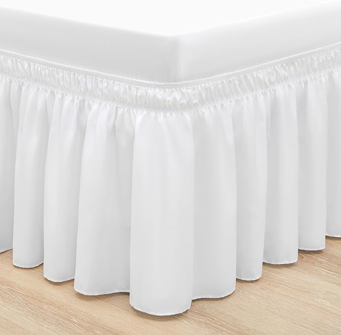 RIMELA Bed Skirt Wrap Around Elastic Dust Ruffles Solid Color Wrinkle and Fade Resistant with Adjustable Elastic Belt Easy to Install White for King & California King Size 18 Inch Drop